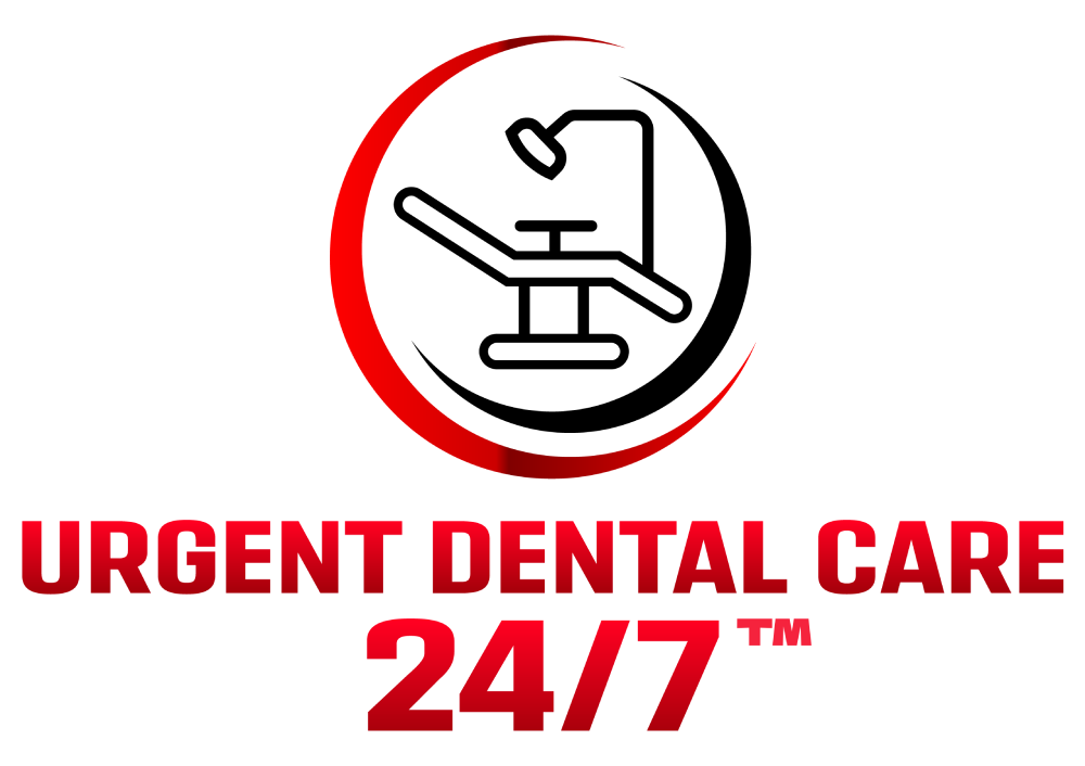 A red and black logo for an urgent dental care 2 4 / 7